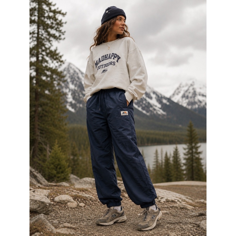 Madhappy Outdoors Fleece Lined Nylon Track Pants Navy Blue Mens Medium Joggers